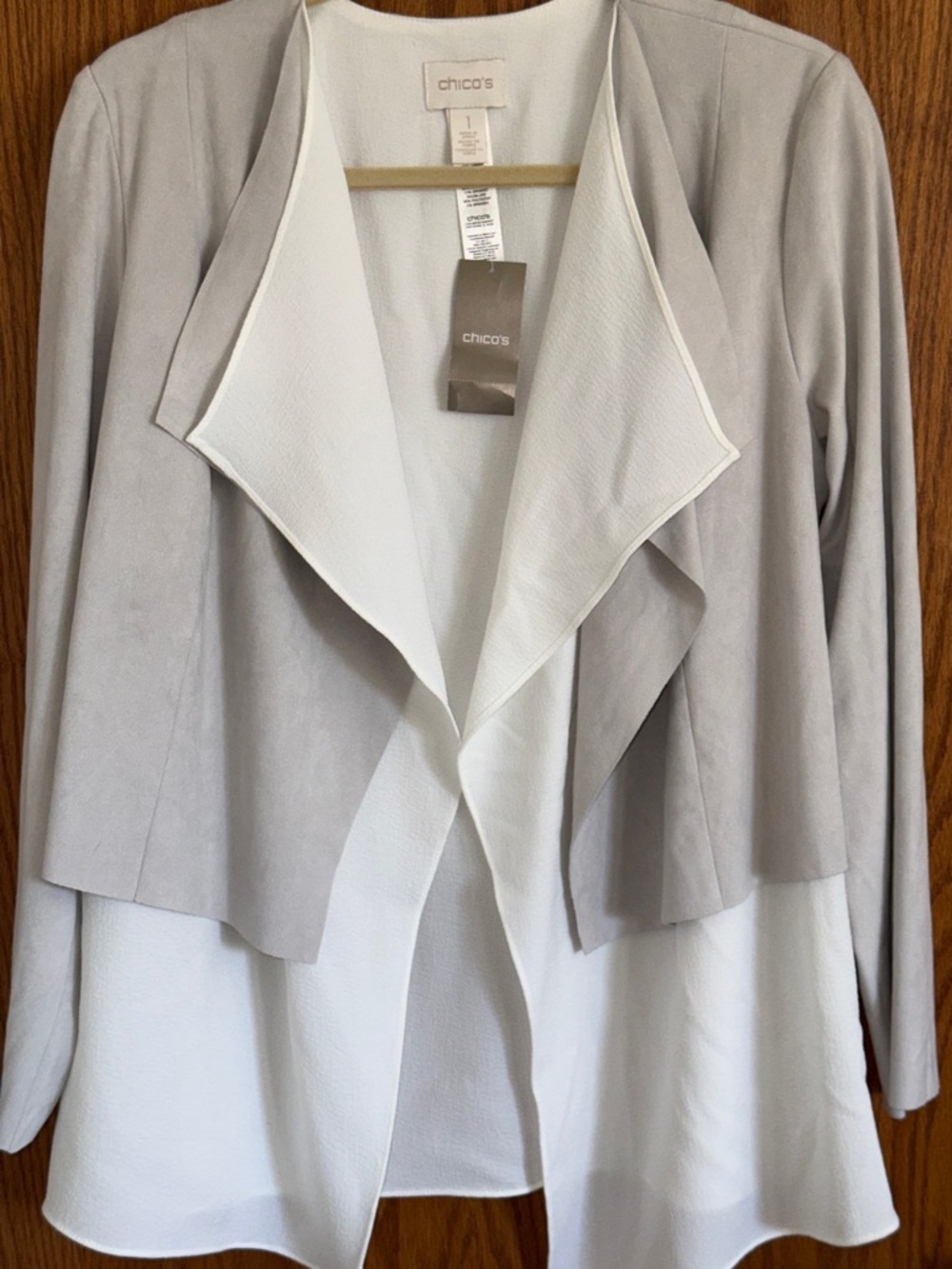 Chico's Faux Suede Layered Jacket Gray + White Long sleeves  Women's Sz. 1 or M